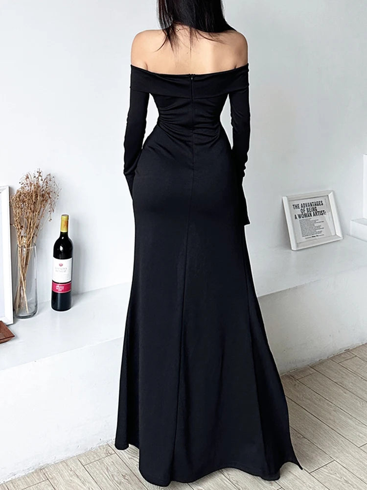 BXOXO Holiday Elegant Folds Split Dress Dark Slim Solid Slash Neck Long Sleeve Maxi Dresses For Women Autumn Winter Lady