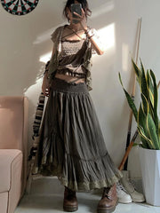 BXOXO Vintage Grunge Fairycore Long Skirt High Waist Y2K Aesthetics Party A-line Pleated Lace Maxi Skirts Harajuku Mori Girls