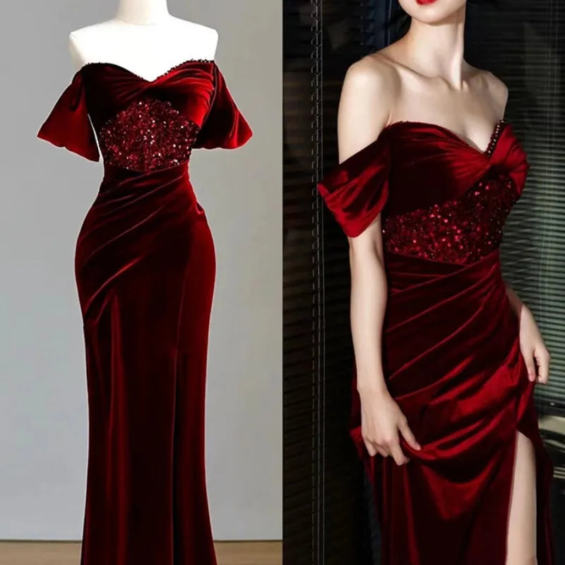 BXOXO CustomizedSexy Velvet Evening Dress Sweetheart Off The Shoulder Side Split Mermiad Sequins Fishtail Formal Occasion Bridesmaid G