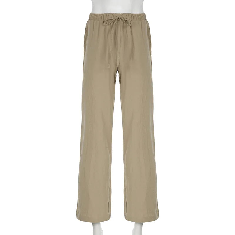 Bxoxo Cotton Linen White Pants Basic Drawstring Low Waist Wide Leg Pants Casual Y2K Clothes For Summer Trousers