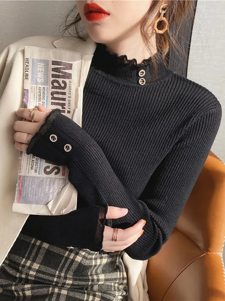 Bxoxo Knitted Women Sweater O-neck Button Pullovers Spring Autumn Basic Sweaters for Female Pullover Slim Solid Bold Lace Tops