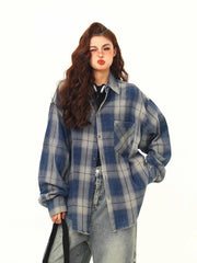Bxoxo Streetwear American Plaid Shirt Women Oversize Loose Vintage Long Sleeve Blouse Hip Hop Casual Retro Harajuku Bf Pockets Tops