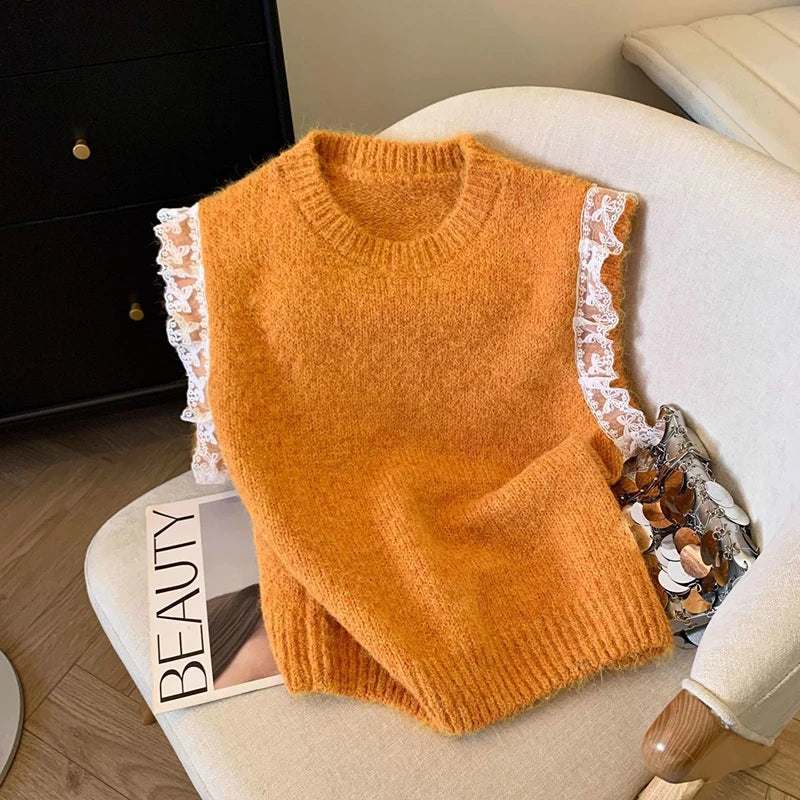 Bxoxo Lace Patchwork Sweet Sweater Vest Women Vintage O Neck Casual Knitted Tops Korean Preppy Style Lady Lazy Wing Cute Vest New