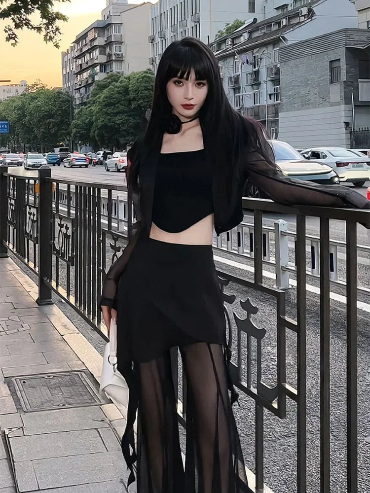BXOXO Korean Simple High Waist Hollow Out Black Pants+ Y2k E-Girl Slim Fit Mesh Long Sleeve Tops Women Grunge Two Piece Sets