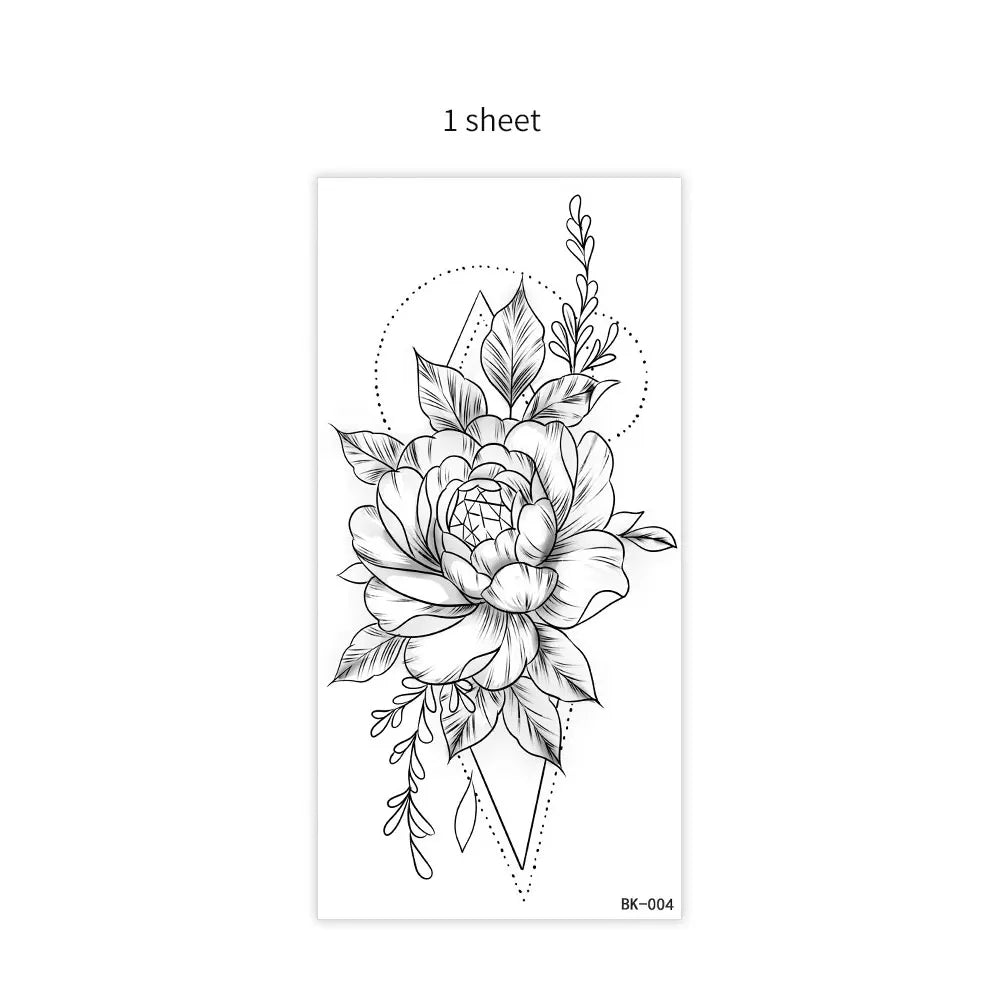 BXOXO 1/4pcs Black Flower Temporary Tattoos for Women Men Waterproof Realistic Floral Tattoo Stickers for Hand Arm Body Fake Tattoo