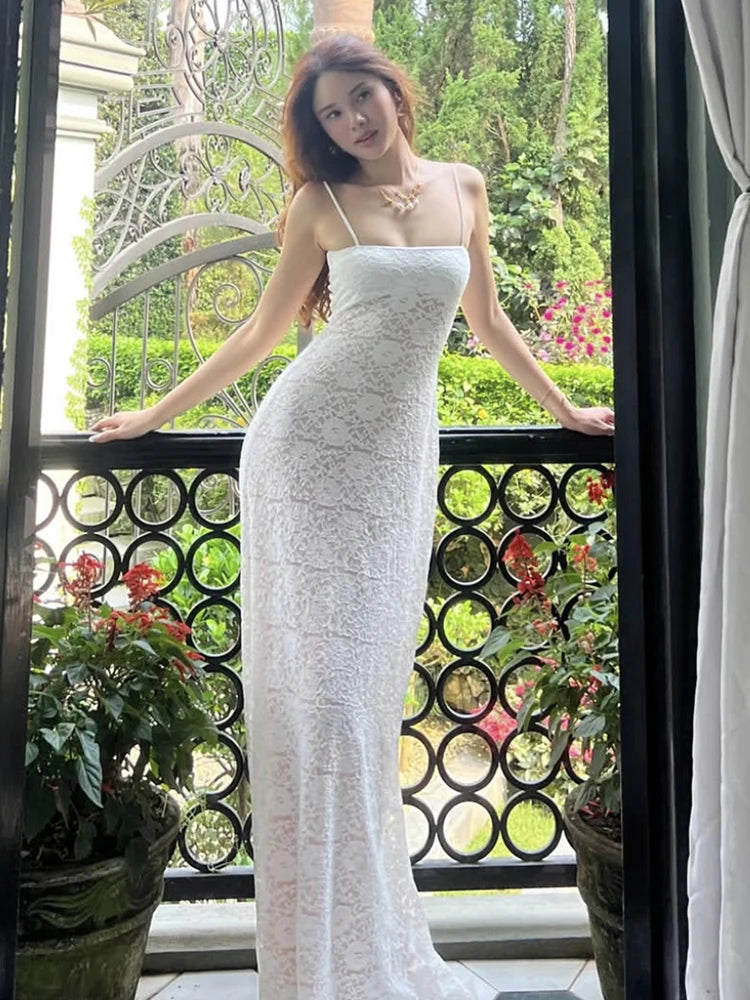 BXOXO Elegant See Through Dress Women Backless Sleeveless Cross Lace-Up Spaghetti Strap Sexy Flower Motif Midnight Vestidos
