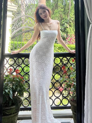 BXOXO Elegant See Through Dress Women Backless Sleeveless Cross Lace-Up Spaghetti Strap Sexy Flower Motif Midnight Vestidos
