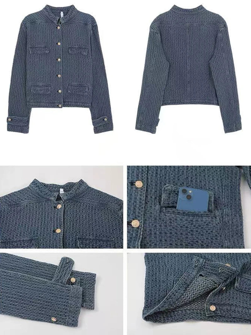 Bxoxo Vintage Stand Collar Denim Jacket Women Autumn Loose Streetwear Single Breasted Coats Y2K Korean Chic Long Sleeve Casual Outwear