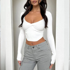 BXOXO Autumn Sexy Women's T-shirt New Corset Solid V-Neck Long Sleeves Crop Top Fashion Asymmetrical Streetwear Casual Female T-shirts