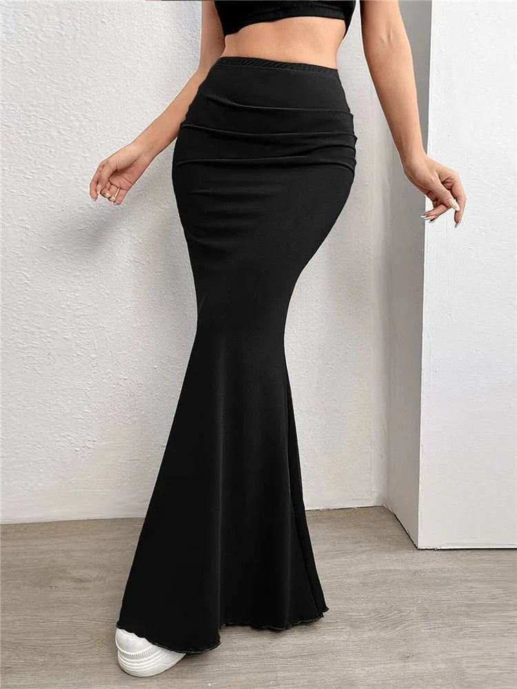 BXOXO Solid Bodycon Ruched Long Skirt Women Sexy Black Elastic Elegant High Waist Mermaid Maxi Skirts Summer Streetwear