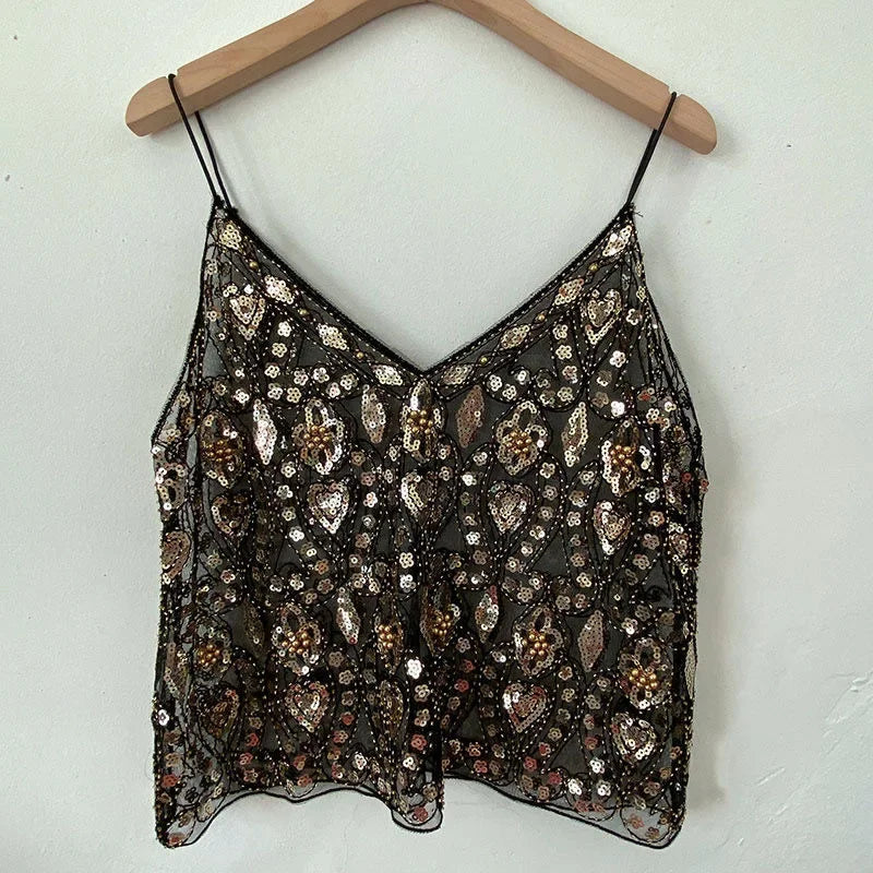BXOXO Bling Sequined Tanks Tops Women Sexy Beaded Work Mesh Tops Chic Women Sparkly Cami Vest Femme Summer Streetwear
