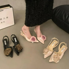 BXOXO New Flower Designer Sandals Women Elegant Satin Mule Shoes Summer Pointed Toe Pumps Low Heel Flowers Slingback Sandals Female