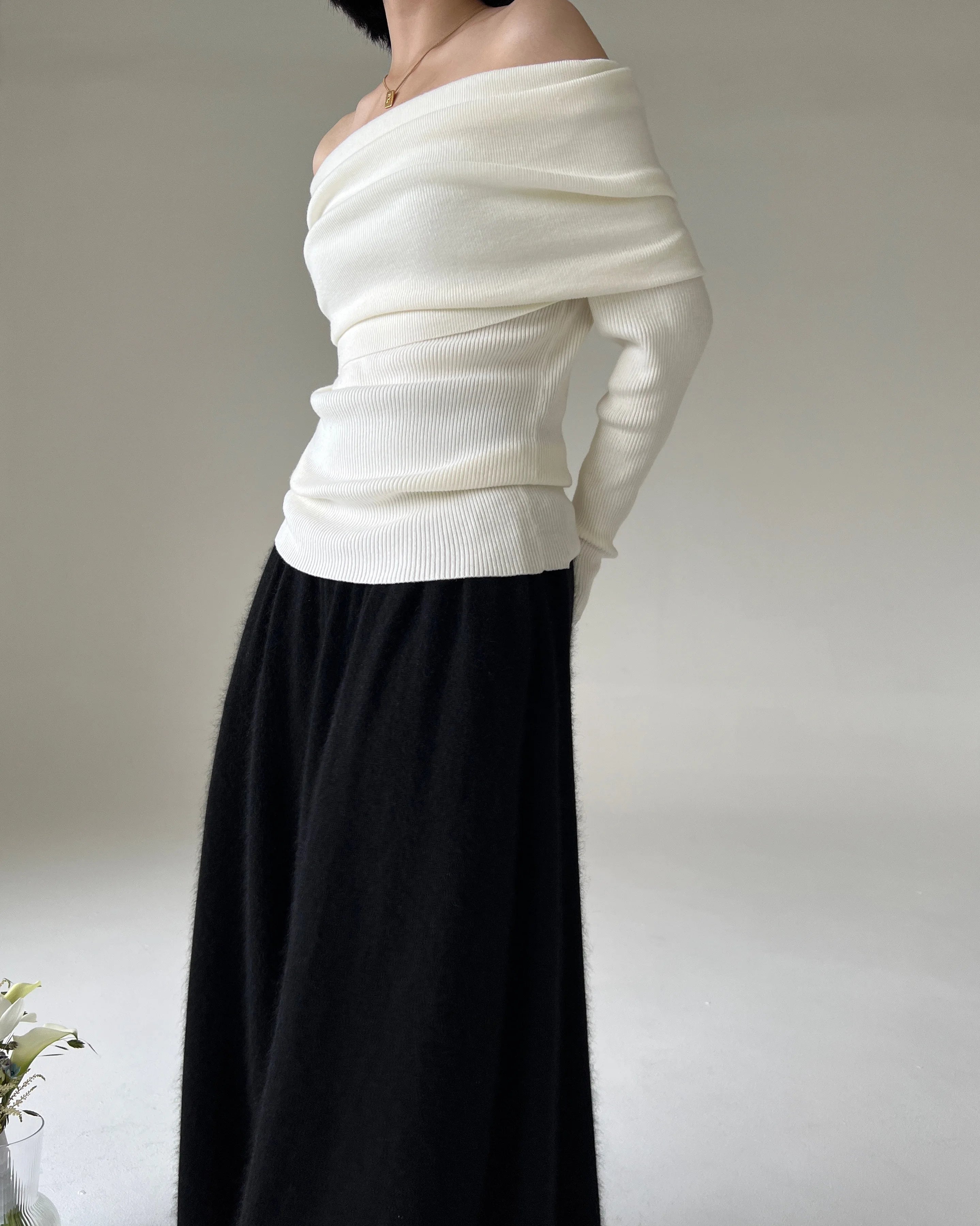 Bxoxo Spring Autumn Off Shoulder Women Sweaters Elegant Vintage Knitted Solid Jumper High Stretch Top  C-038