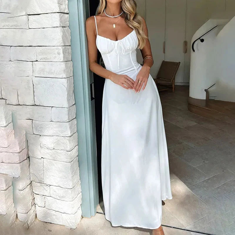 BXOXO Elegant Lace Up A-Line Solid Dress Women Sexy Backless U-Neck Slim Camisole Dress Evening Party Chic Pleated Waist Maxi Vestidos