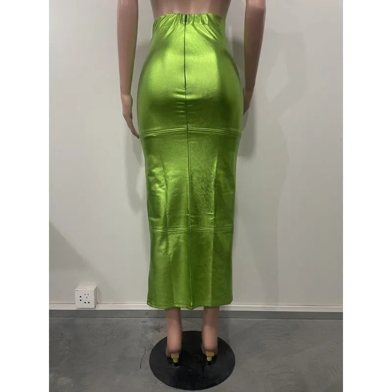 BXOXO Metallic Green Skirt Y2k Women High Waist Back Slit Maxi Shiny A-line Skirts Zipper Up Summer Streetwear Party Clubwear