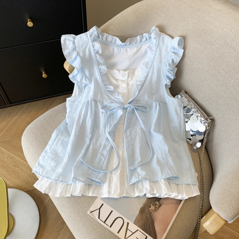 Bxoxo Blue Plaid irt-Like Two-Piece Women's Summer Thin Doll irt Beautiful Bow-Tie Fly Sve Sweet Sle Loose Fit Polyester F...