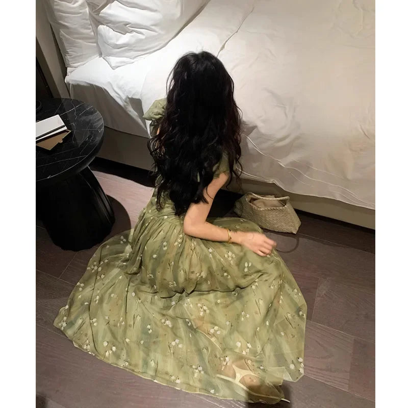 Bxoxo Gentle Green French Style Strapless Chiffon Dress with Fly Sleeve Holiday Floral Long Skirt for Women Empire Waist Design