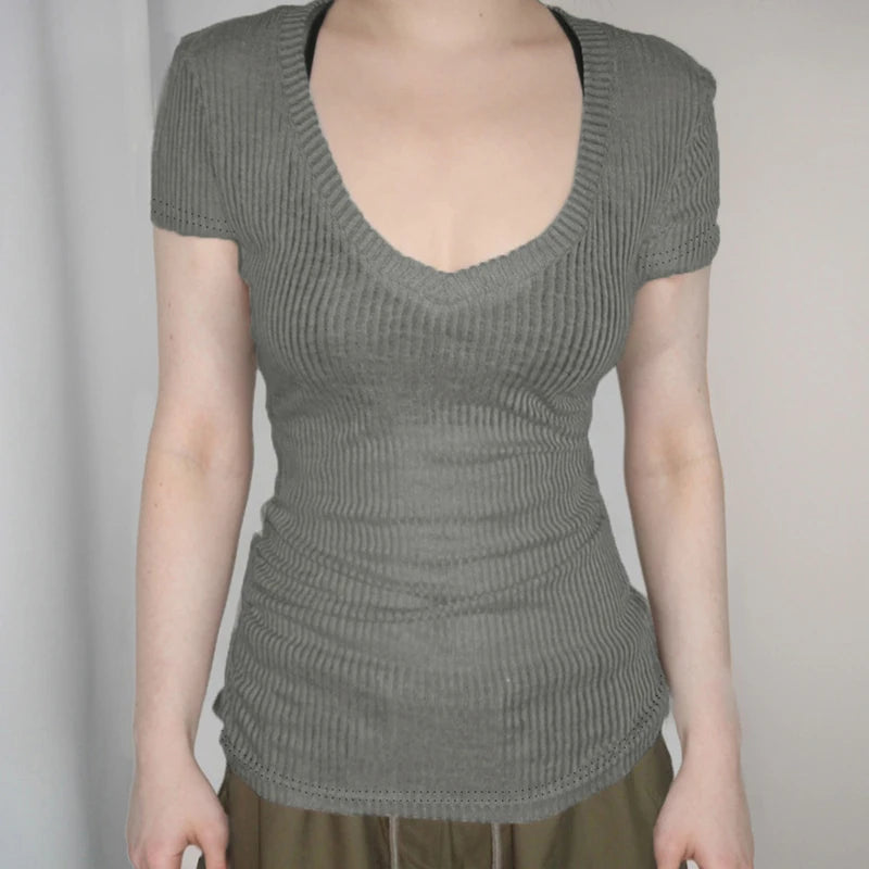 BXOXO Solid Slim-fitting Knitted Crop Top Micro-transparent T-shirt Smock Women Sexy Short Sleeve V-neck Tees Shirt Y2k Vintage