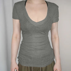 BXOXO Solid Slim-fitting Knitted Crop Top Micro-transparent T-shirt Smock Women Sexy Short Sleeve V-neck Tees Shirt Y2k Vintage