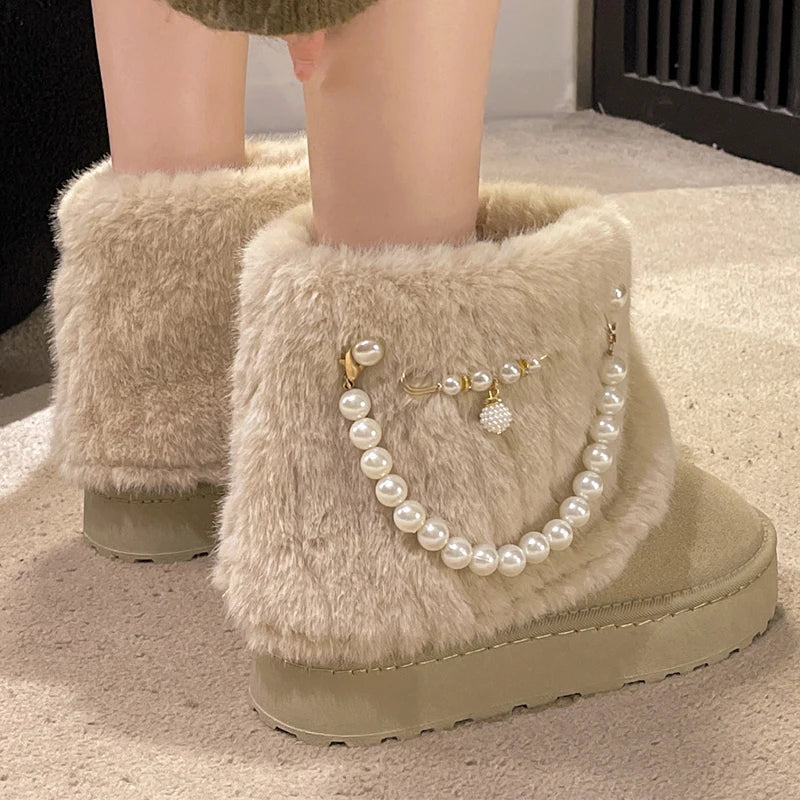 BXOXO Winter New String Bead Plush Women's Boots Warm Stylish Thick Platform Slip On Boots Faux Fur Plus Size 43 Ankle Botas Shoes