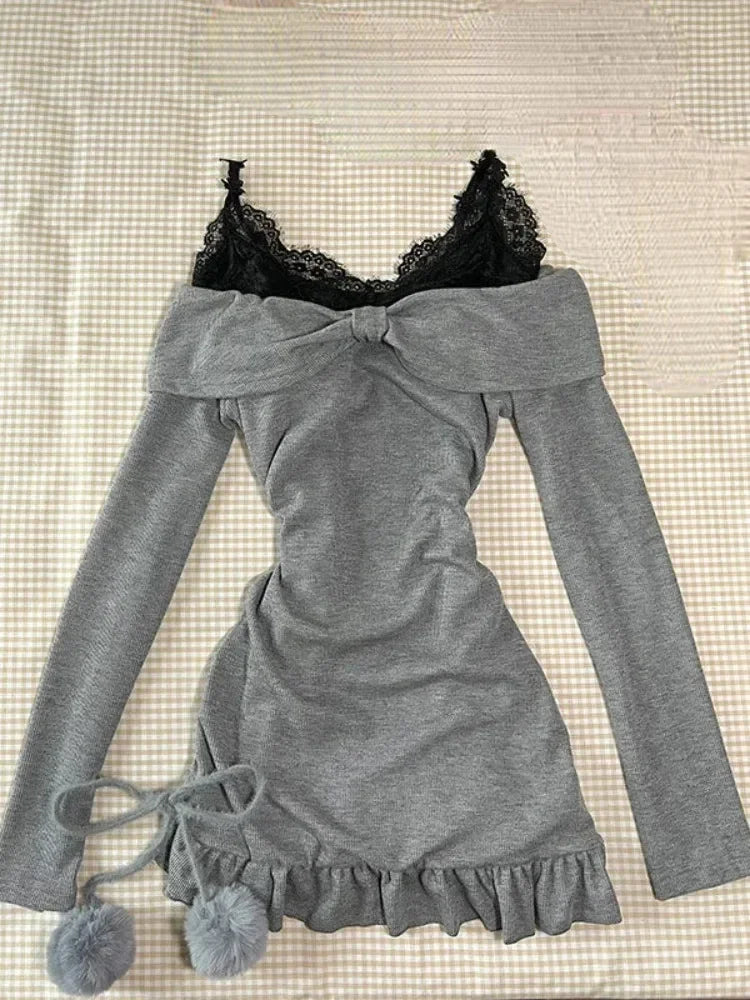 BXOXO Sweet Sexy Lace Patchwork Black Camisole Dress for Women+ Long Sleeve Slim Fit Y2k Crop Tops Autumn New Two Piece Sets Outfits
