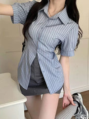 Bxoxo Stripe Short-sleeved Shirt American College Style Waist Cinched Shirt for Women Summer Fashion Spicy Girl JK Short Sleeved Top