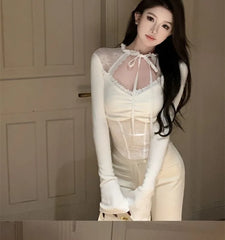 BXOXO Lace Patchwork Hollow Out Long Sleeved Knitted Tops Women Sexy Irregular Slim Fit T-shirts 2025 New Sleeve Black Tee Shirt