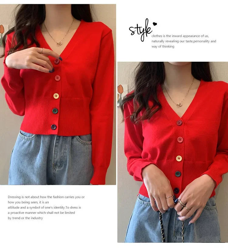 Bxoxo Autumn and Winter Little Fresh Colorful Buttons Younger Slim-Fit Slimming V-Collar Cardigan Long-Sleeved Sweater Top for Women