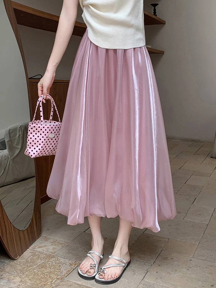 Bxoxo Elegant Stain White Long Skirt Women High Waist Fashion Korean Sweet Skirts Casual Design Summer Gown Ball Long Skirts New