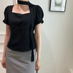 Bxoxo Summer ort Sve irt Single Button Square Collar Tie Design Casual Sle Pure Color Polyester Fiber 00%