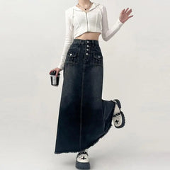 BXOXO High-waisted Cargo Denim Skirt Women's Autumn Long A-line Mid-length Skirt  Retro Raw Edge Y2k Female Clothing Korean Style