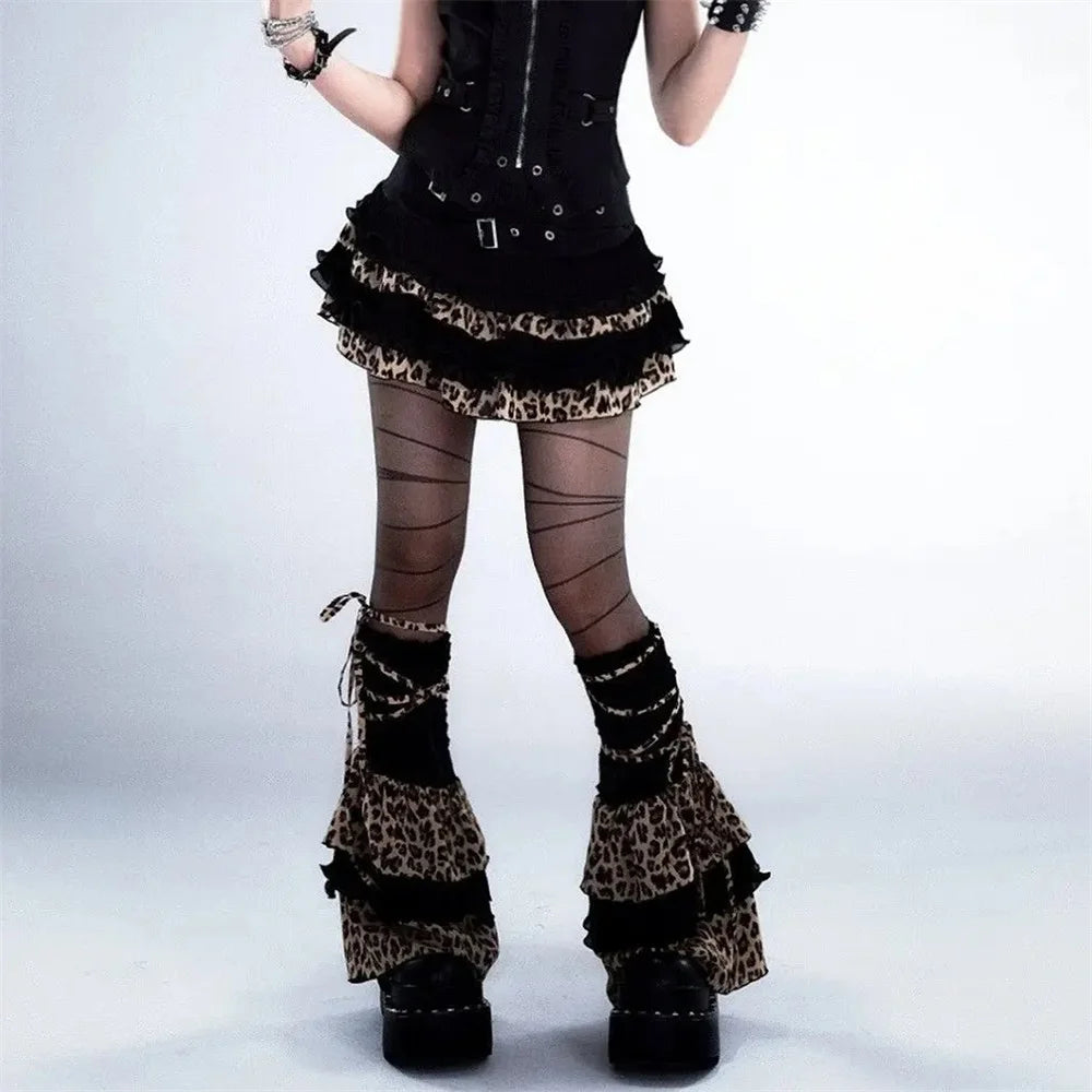 Bxoxo Y2K Leopard Print Ruffle Kawaii Vintage Skirts Goth Black Aesthetic Subculture Short High Waist Punk Cake Fluffy Cute Slim Skirt
