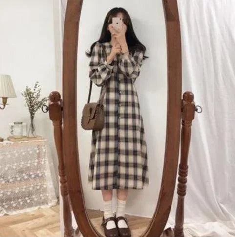 Bxoxo Vintage Plaid Dresses for Women Autumn Winter Full Spring 2025 Elegant Luxury Korean Fashion A Line G X Woman Long Sleeve Dress