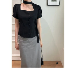 Bxoxo Summer ort Sve irt Single Button Square Collar Tie Design Casual Sle Pure Color Polyester Fiber 00%