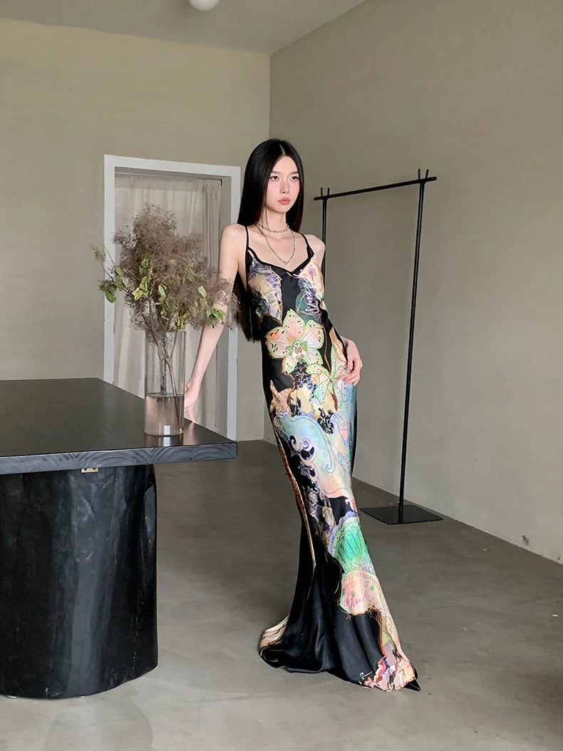 Bxoxo Ocean Flowers Backless Long Mermaid Dress For Woman Summer 2025 V Neck Midi Slip Dress Evening Party Clothes