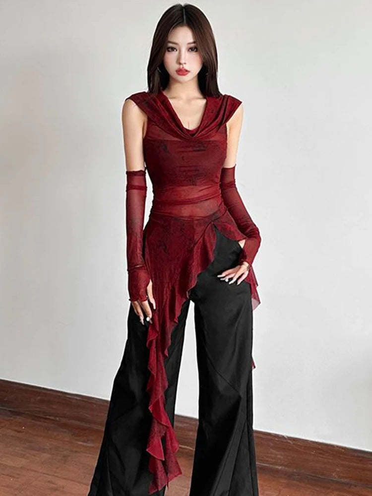 BXOXO Vintage Gothic Hooded T Shirts Women Sexy See Through Slim Y2K Tees Streetwear Harajuku with Sleeves Female Irregular Tops