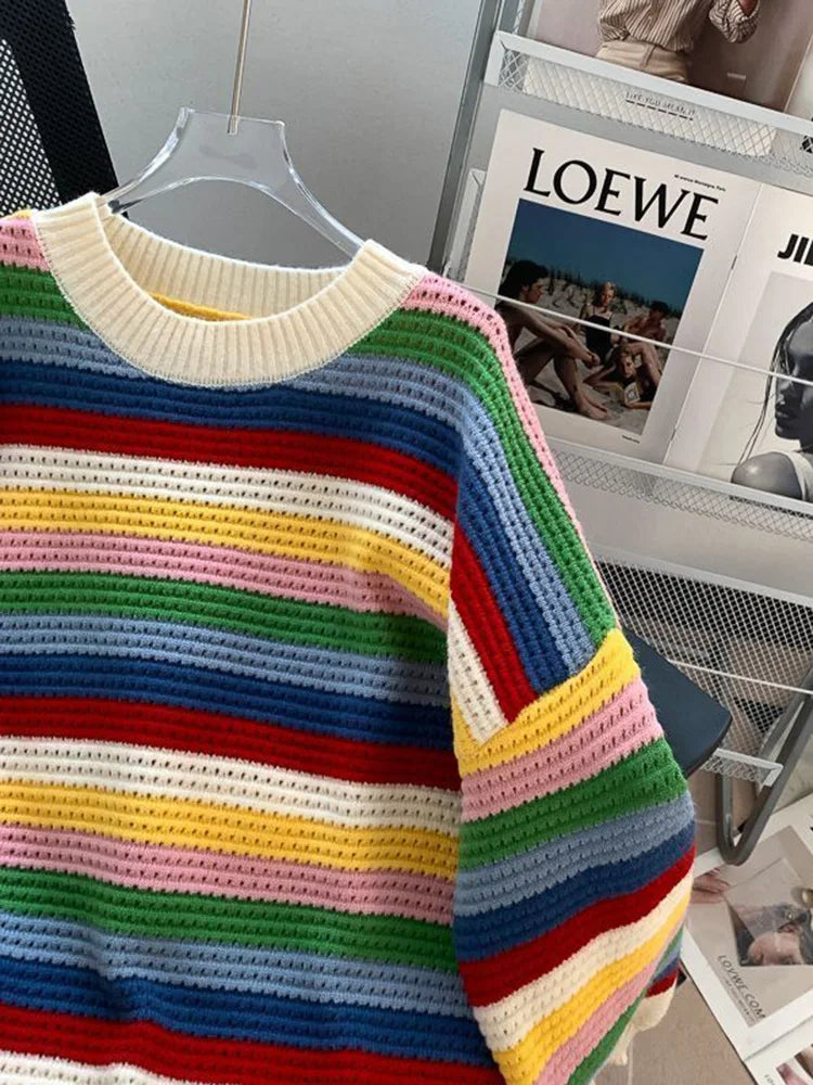 Bxoxo Sweet Rainbow Tassel Sweaters Women Vintage Cute Loose Long Sleeve Knitted Jumper Casual Retro O Neck Lady Hollow Out Pullovers
