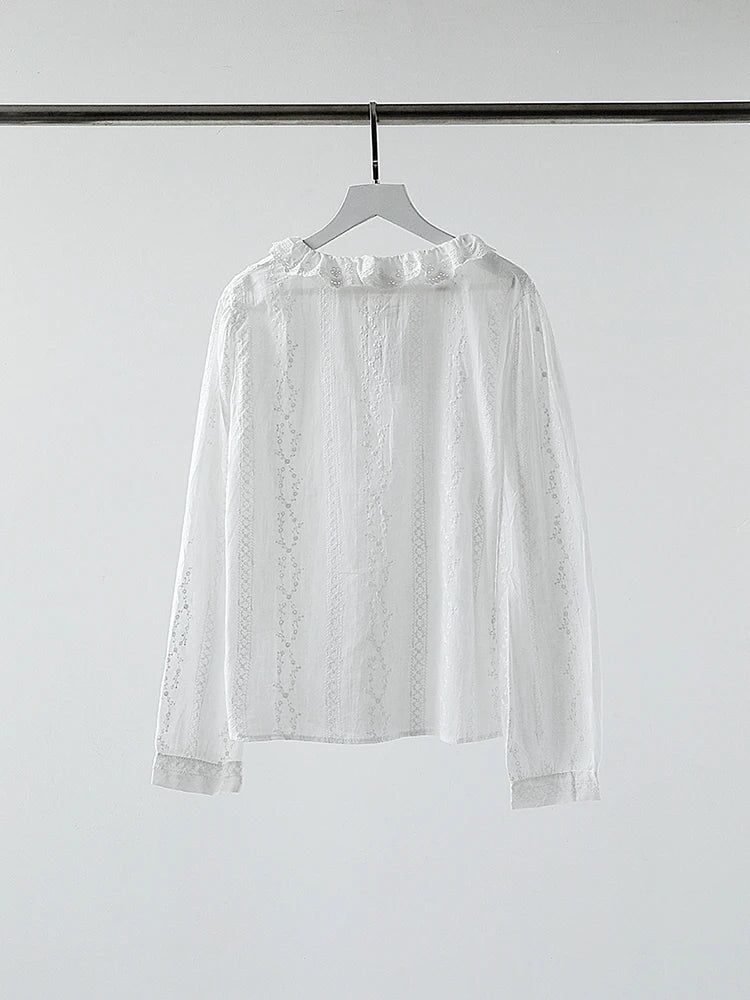 Bxoxo Flower Embroidery Blouses Lace Trim O-Neck Long Sleeve Blouse Spring Vintage Female Elegant Casual French Shirts Women Clothes