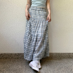 Bxoxo Lady Plaid Print Loose Long Skirts Summer Vintage 2000s Elastic Low Rise A-line Skirts for Women y2k Aesthetic