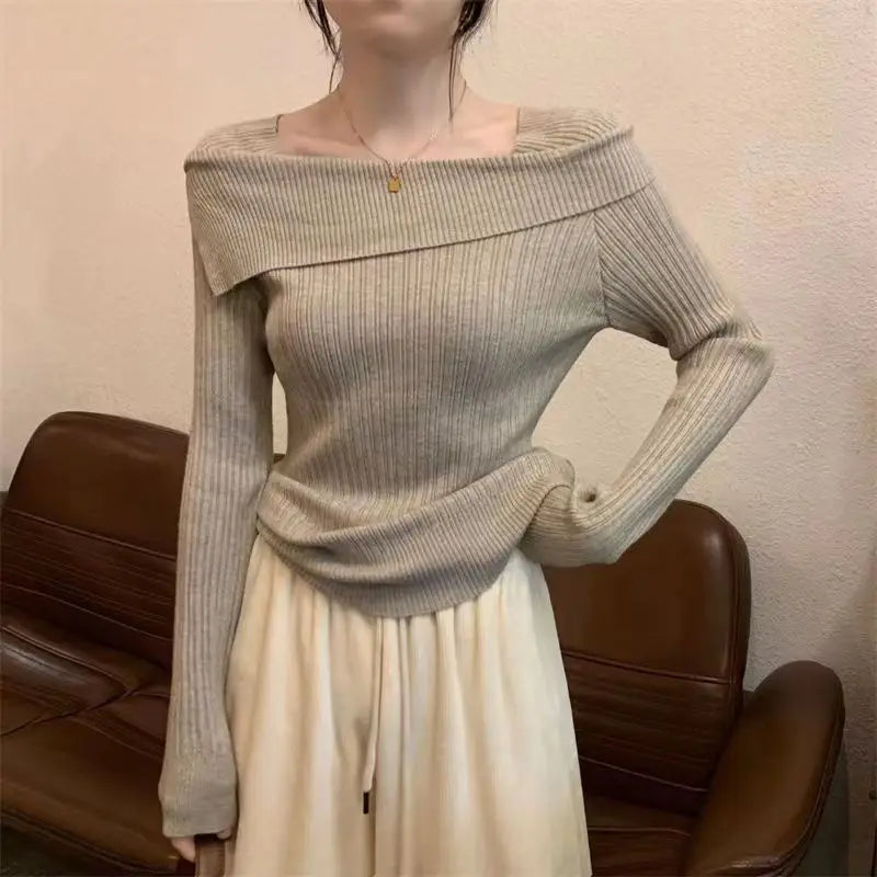 Bxoxo Women Off Shoulder Knit Sweater Slash Neck Long Sleeve Slim Knitwear Jumpers Office Sweater For Women 2024 Autumn Winter