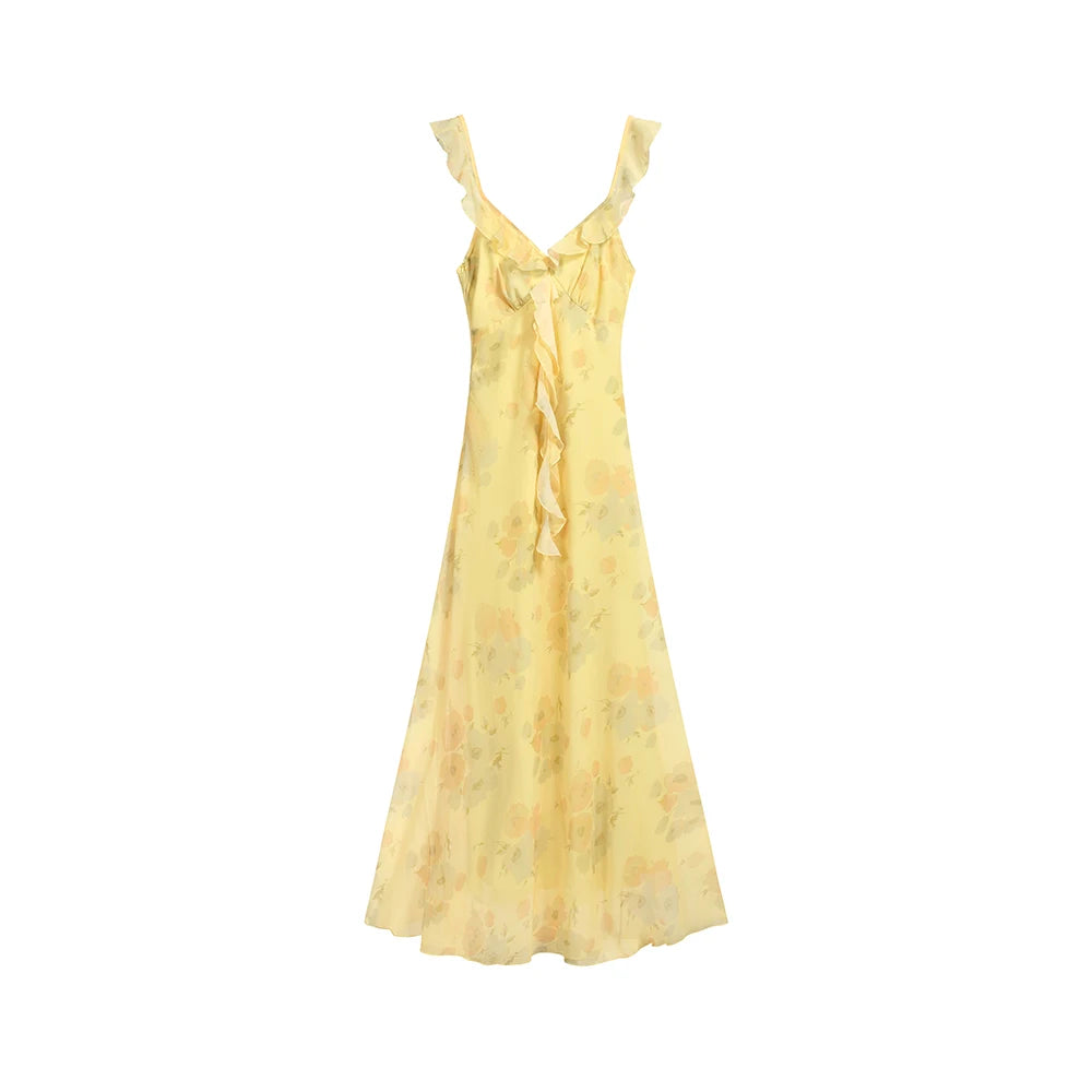 Bxoxo French Women's Elegant Floral Printed Dress V-Neck Slim Fit Flying Sleeve Long Dresses Vacation Holiday Sexy Travel New Vestidos