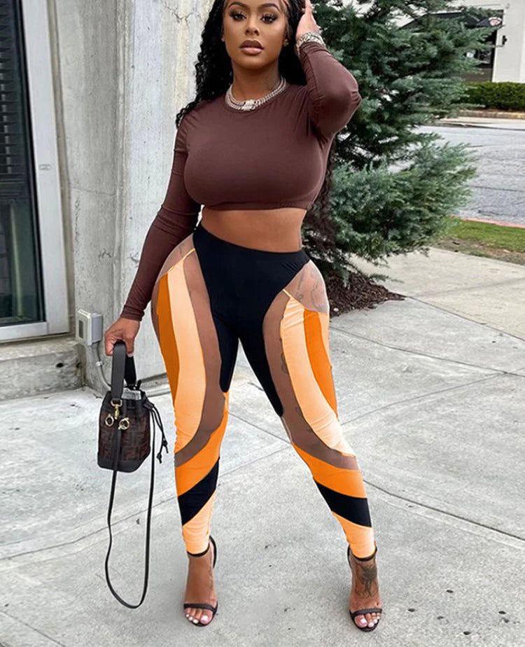 BXOXO Mesh Patchwork Print Leggings Women Hipster Y2K Stitching Color Match Sheath Pants High Waist Body-Shaping High Streetwear