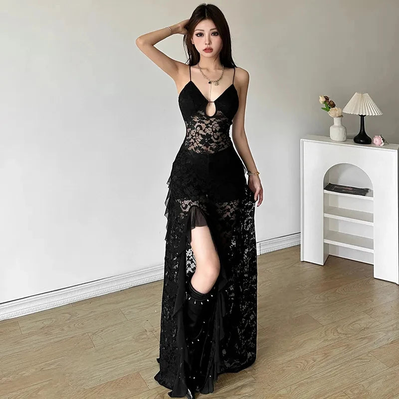 Bxoxo Gothic Lace Camis Dress for Women Summer Sexy Hollow Out Patchwork Split Midi Dress Y2K Streetwear Slim Irregular Party Vestidos