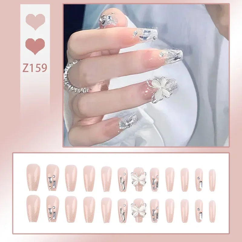 BXOXO 24pcs/box Fake Nails Press on Reusable with Designs Set French Artificial Aurora Diamond False Tipsy Stick-on Nails Tips Art