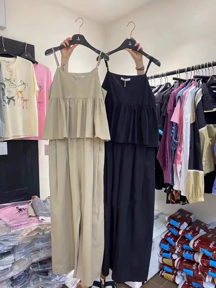 Bxoxo Chic Summer V-ne Casual Wide-leg Pants Set with Pleated Top + High-waist Faionable Women's Ensemble