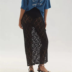 BXOXO Women Flower Sheer Lace Skirt Elastic Waist See Through Beach Cover Up Long Skirt Summer Holiday Party Streetwear