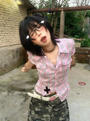 Bxoxo American Retro Plaid Shirt Women Short Sleeve Casual Shirt And Blouse Y2k Vintage Frill Blouse 2000s Japanese Shirts
