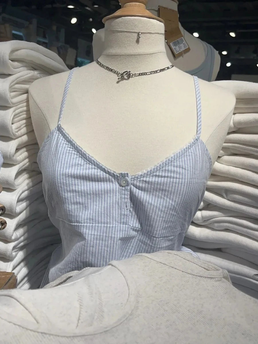 BXOXO Vintage Navy Plaid Tank Top Woman Lace Trim V-neck Buttons Back Lace-up Cotton Camis Summer Casual Streetwear Sweet Slim Vest