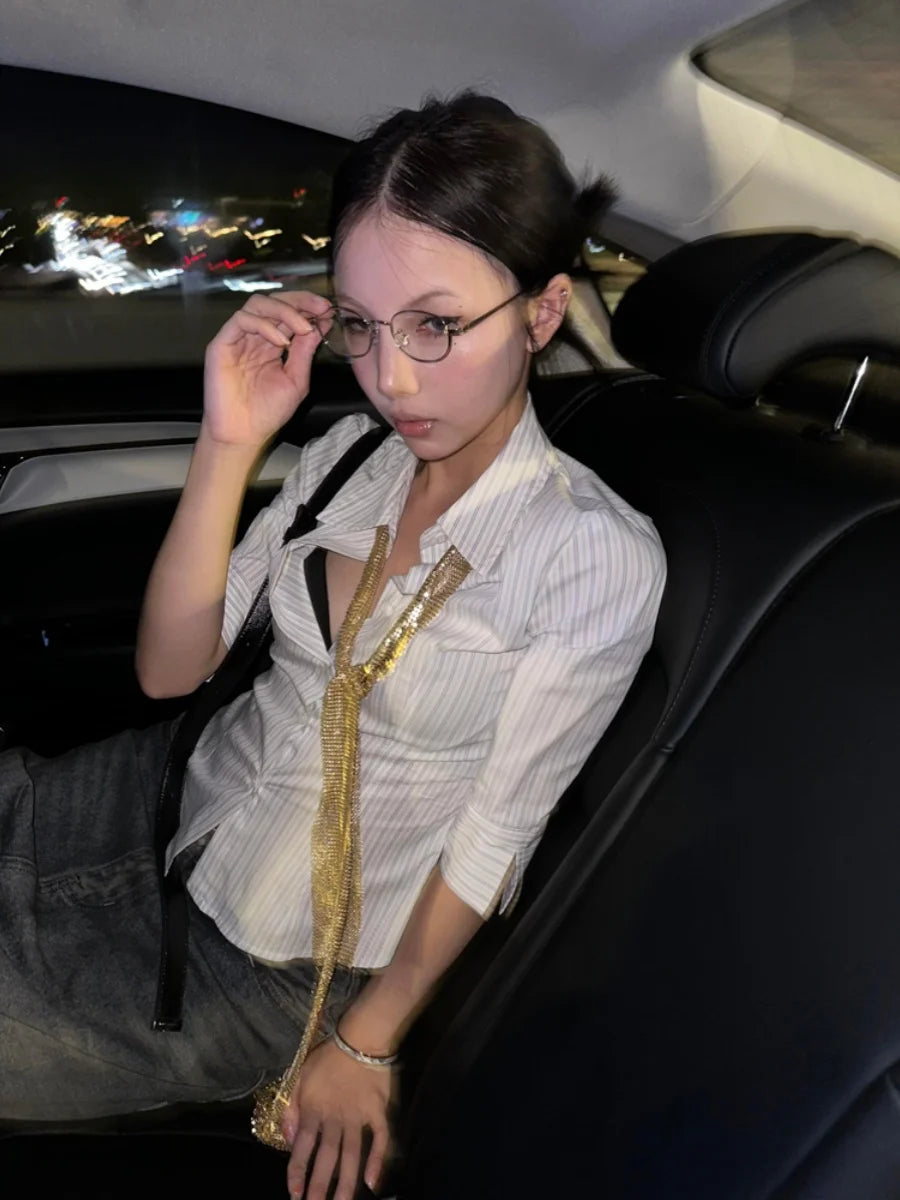 BXOXO Korean Fashion Shirt Women Striped Three Quarter Slim Shirt Y2k Vintage Tops Streetwear Japanese 2000s Retro Shirts