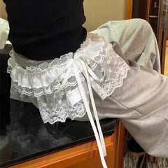 Bxoxo Korean Style Lace Mini Skirts Women Elegant Sweet Lolita Short Skirts Y2K High Waist Streetwear Solid Lace Up Ruffle Skirts